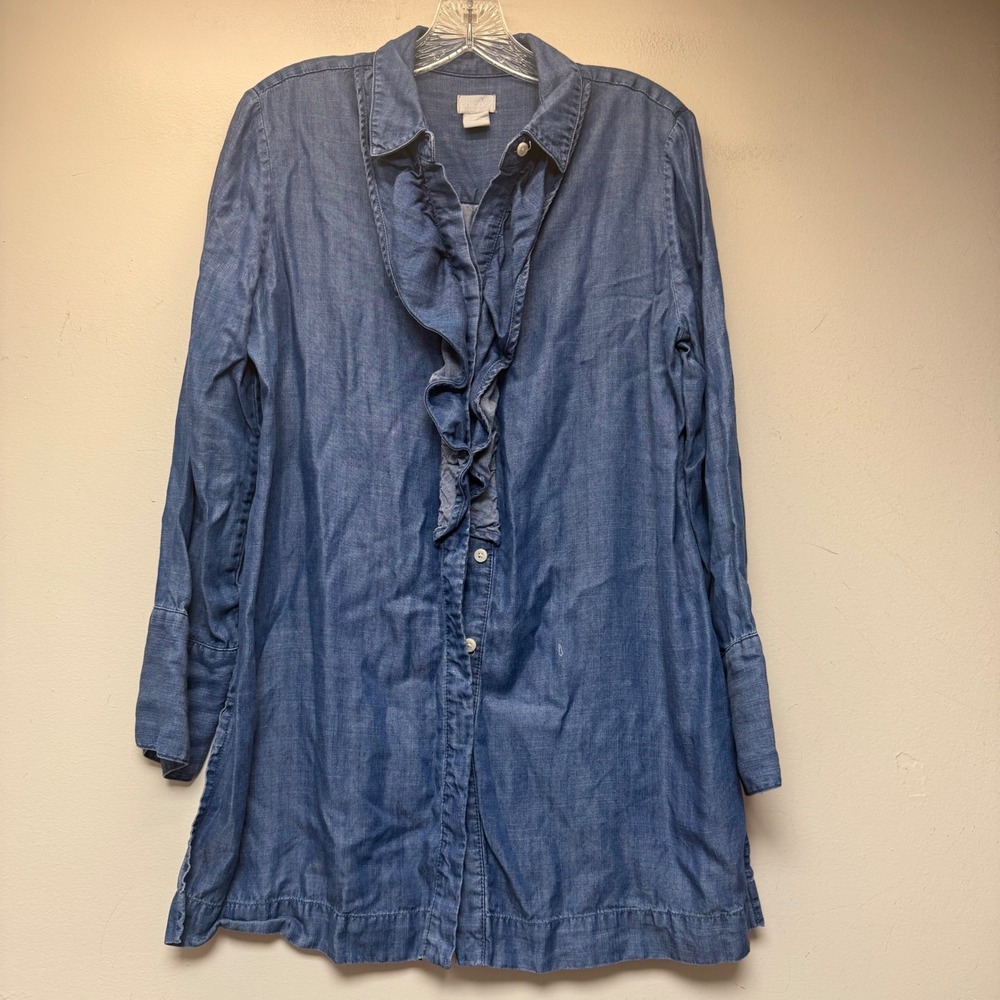 Chico's Tunic‎ Top Womens 1 Blue Excellent Ruffle Front Tencel Chambray 12714